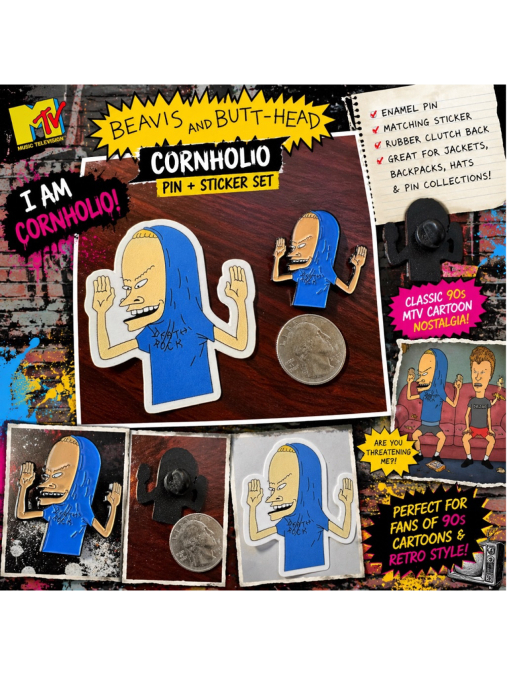 Beavis & Butt Head Cornholio Enamel Pin + Sticker Set 90s MTV Cartoon NEW